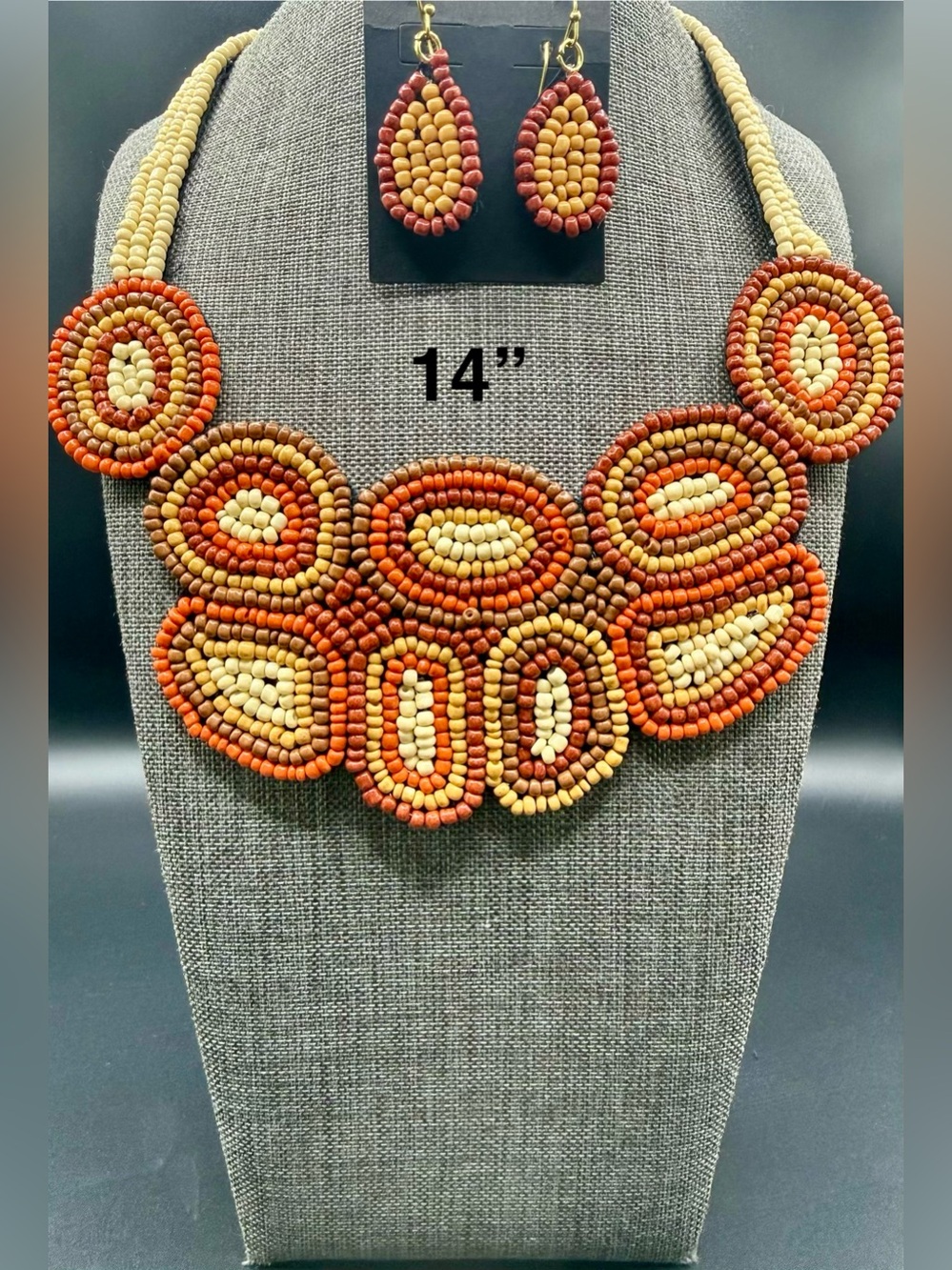 Handcrafted Beaded Statement Necklace & Earrings - Orange, Tan, Brown